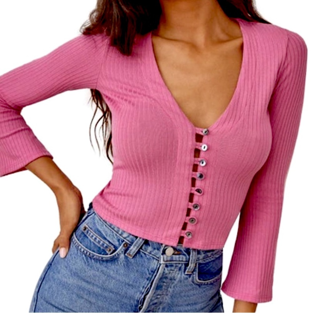 Reformation Pink Ribbed Hook-Front Long Sleeve Top